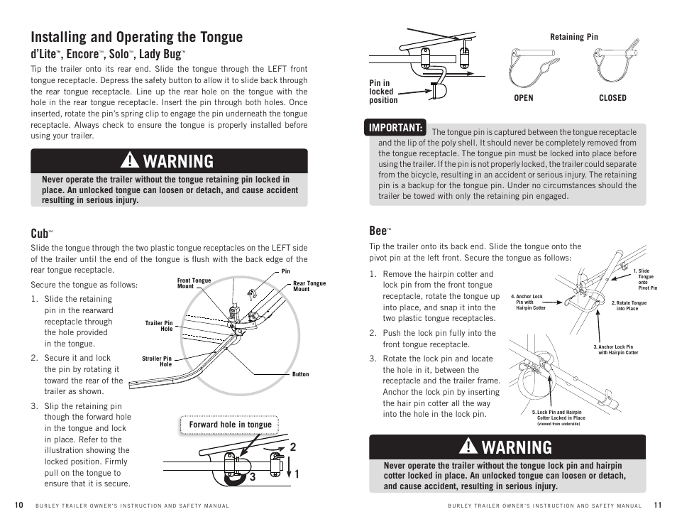 Warning, Installing and operating the tongue, D’lite | Encore, Solo, Lady bug, Important | Burley CUB User Manual | Page 6 / 15