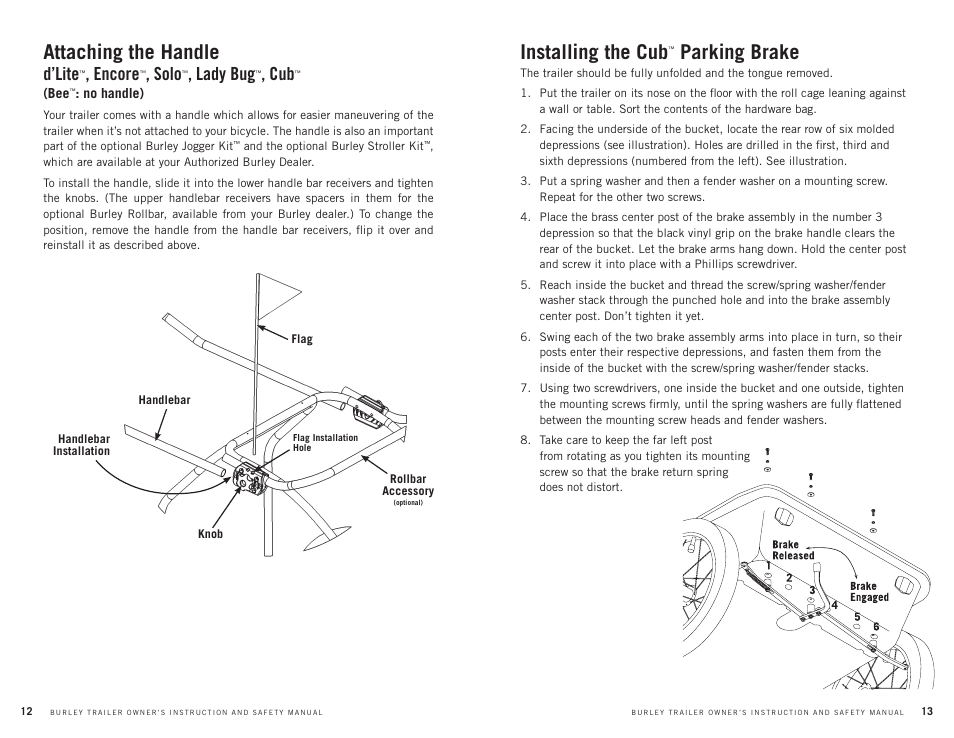 Attaching the handle, Installing the cub, Parking brake | D’lite, Encore, Solo, Lady bug | Burley CUB User Manual | Page 7 / 15