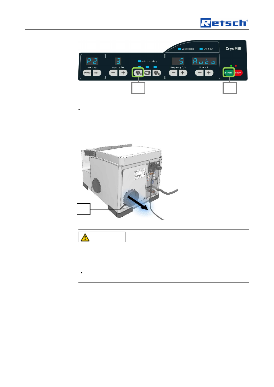 Transport, scope of delivery, installation, 11 cold air outlet, Caution | 12 mounting the exhaust hose | Retsch Cryomill User Manual | Page 24 / 68