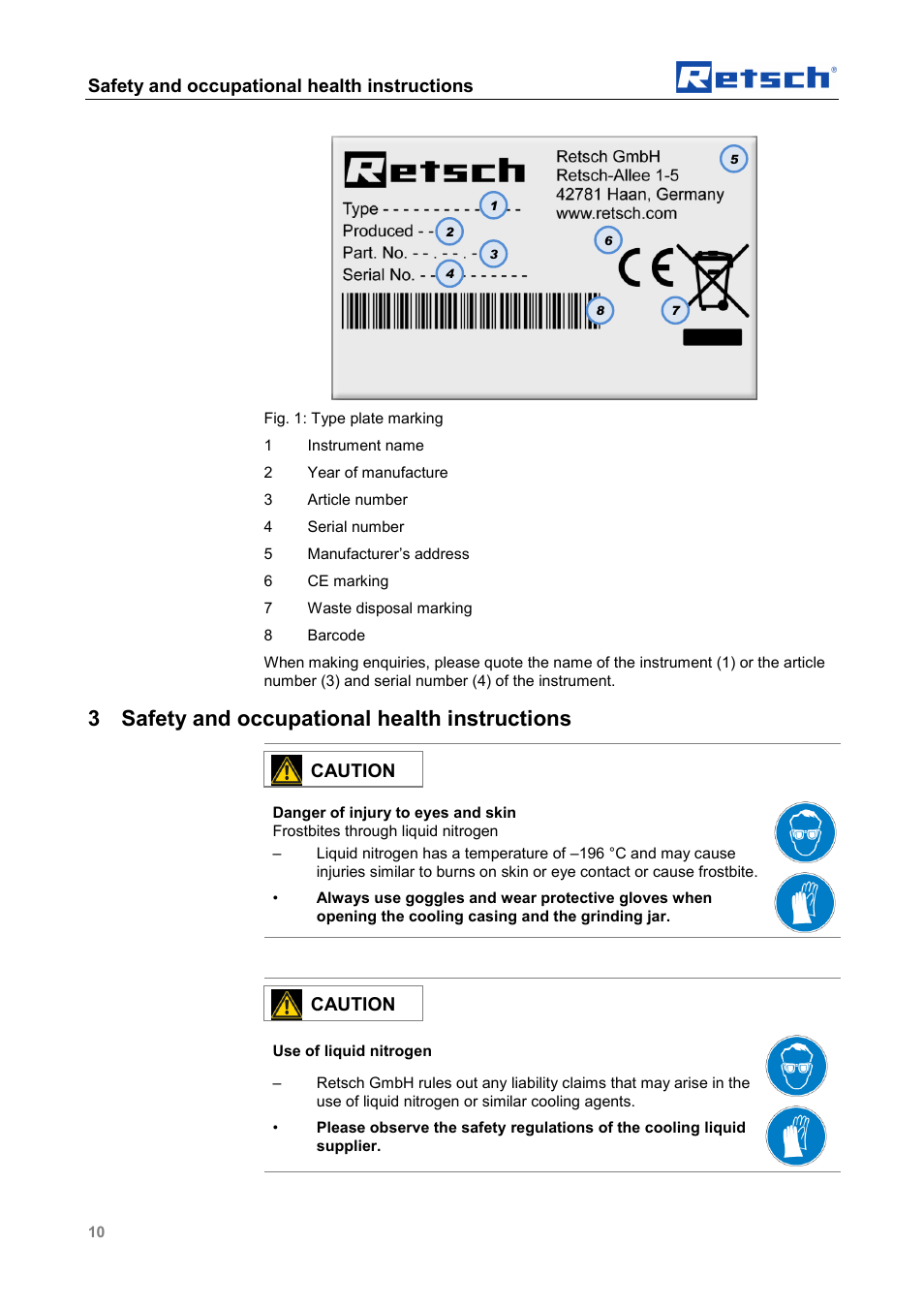 3 safety and occupational health instructions, Safety and occupational health instructions, Caution | Retsch CryoMill Autofill 50l User Manual | Page 10 / 28