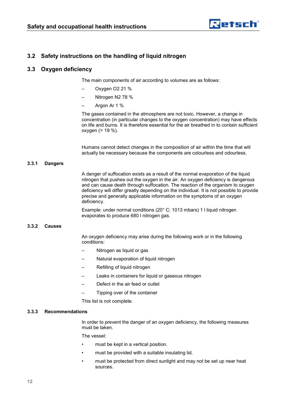 Safety and occupational health instructions, 3 oxygen deficiency | Retsch CryoMill Autofill 50l User Manual | Page 12 / 28