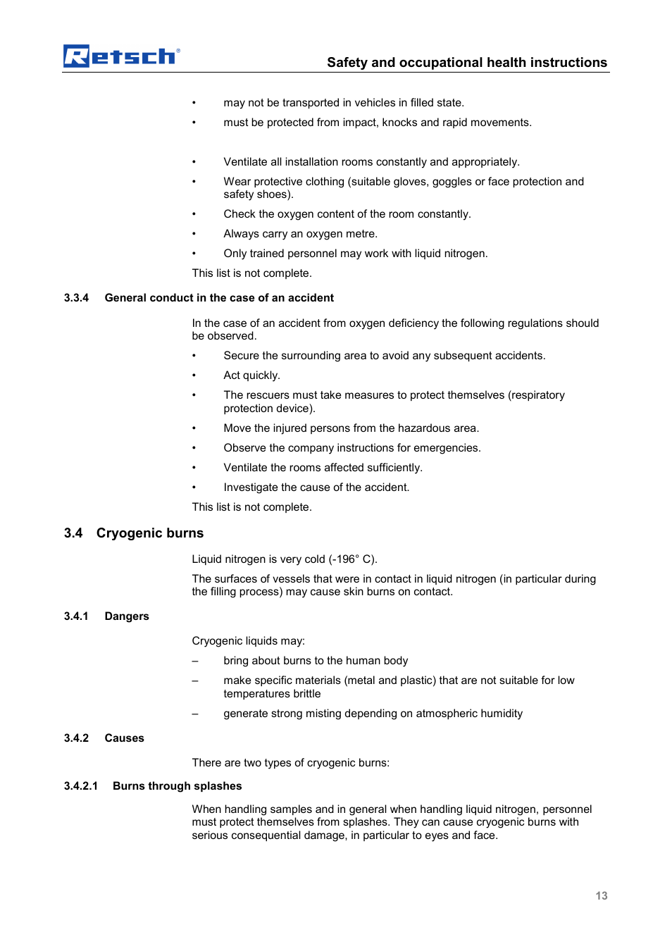 Safety and occupational health instructions, 4 cryogenic burns | Retsch CryoMill Autofill 50l User Manual | Page 13 / 28