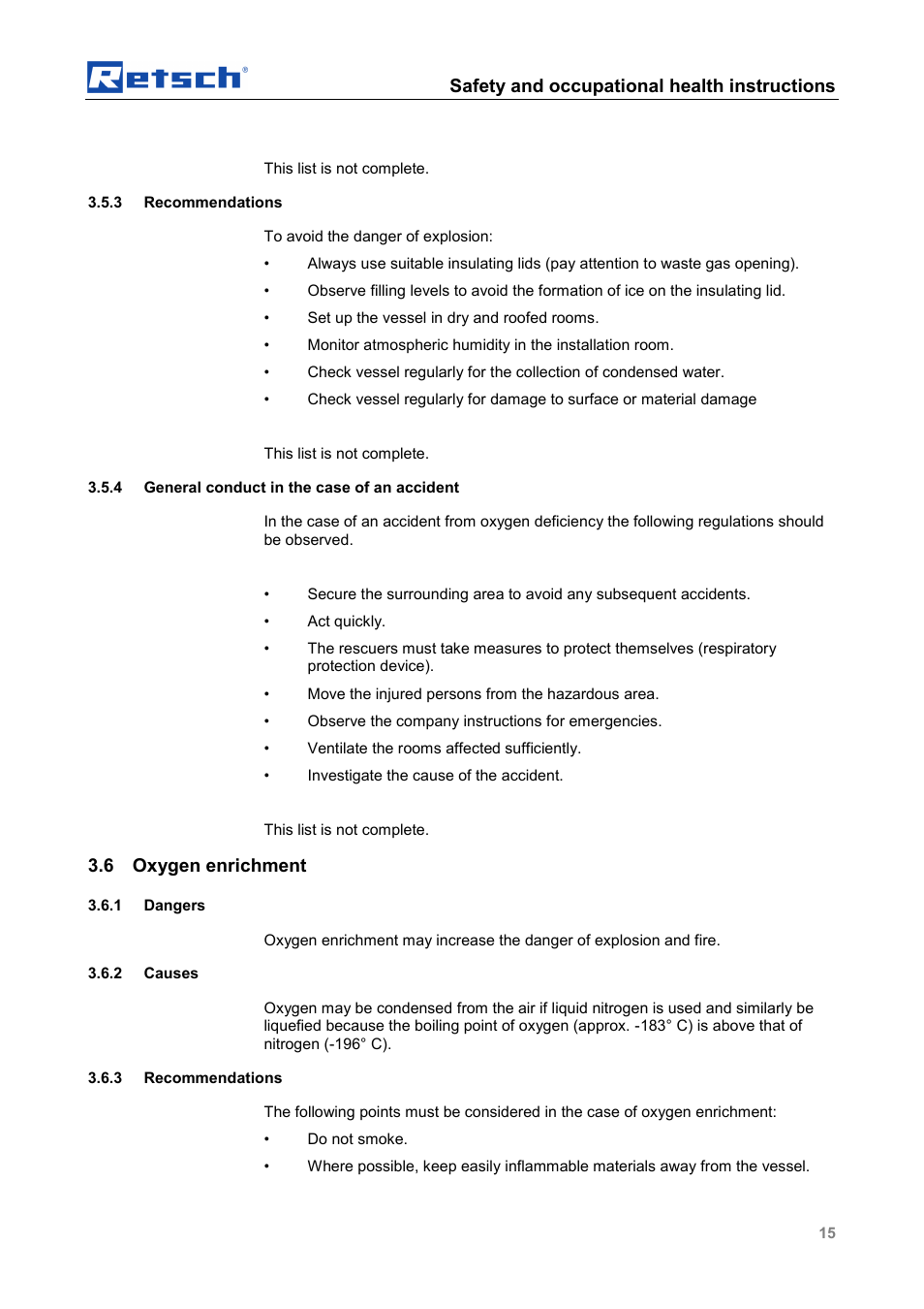 Safety and occupational health instructions, 6 oxygen enrichment | Retsch CryoMill Autofill 50l User Manual | Page 15 / 28
