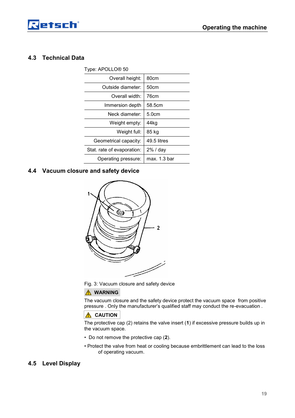 Operating the machine, 3 technical data, 4 vacuum closure and safety device | 5 level display | Retsch CryoMill Autofill 50l User Manual | Page 19 / 28