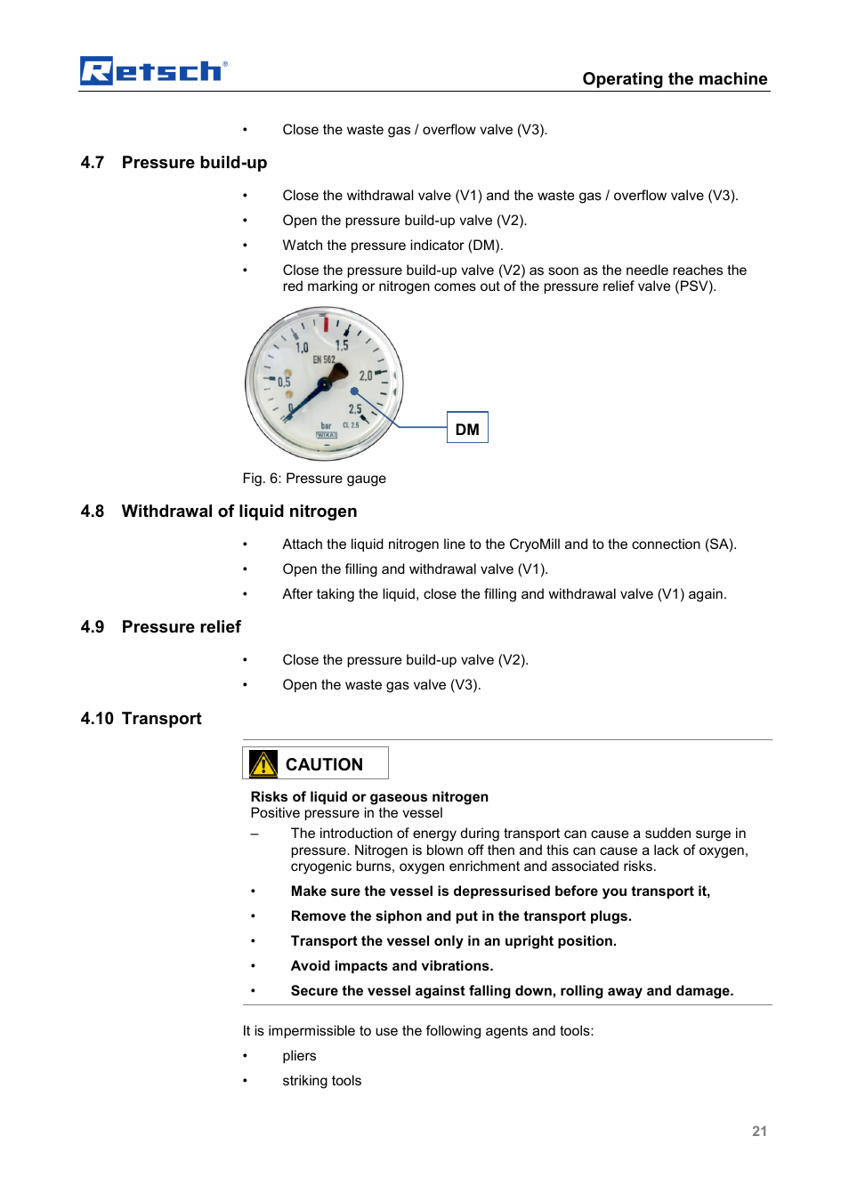Operating the machine, 7 pressure build-up, 8 withdrawal of liquid nitrogen | 9 pressure relief, 10 transport, Caution | Retsch CryoMill Autofill 50l User Manual | Page 21 / 28