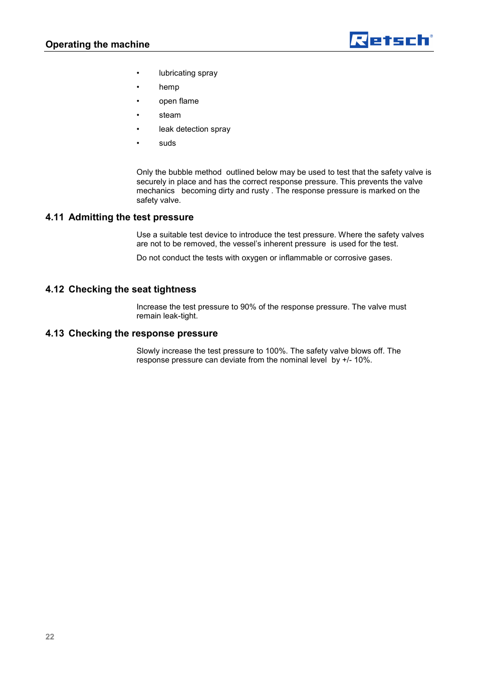 Operating the machine, 11 admitting the test pressure, 12 checking the seat tightness | 13 checking the response pressure | Retsch CryoMill Autofill 50l User Manual | Page 22 / 28