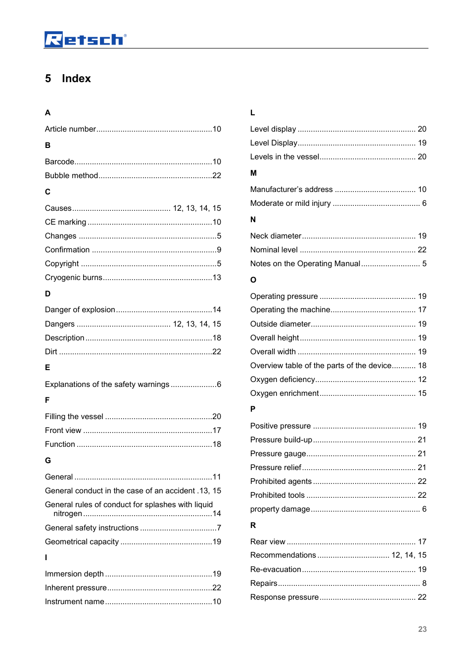 5 index | Retsch CryoMill Autofill 50l User Manual | Page 23 / 28