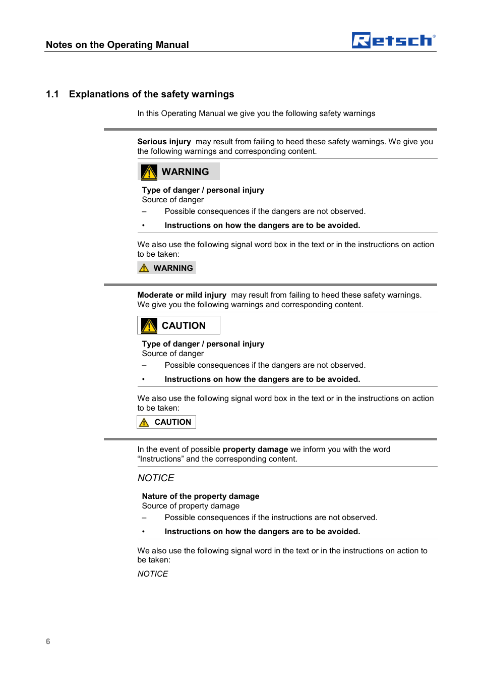 1 explanations of the safety warnings, Warning, Caution | Notice | Retsch CryoMill Autofill 50l User Manual | Page 6 / 28