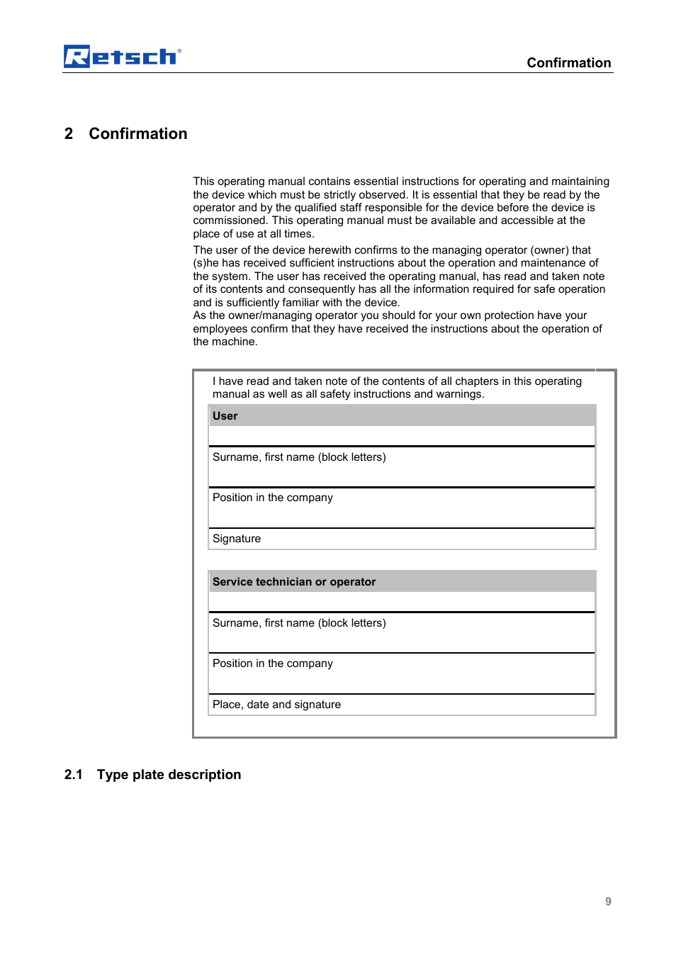 2 confirmation, Confirmation, 1 type plate description | Retsch CryoMill Autofill 50l User Manual | Page 9 / 28