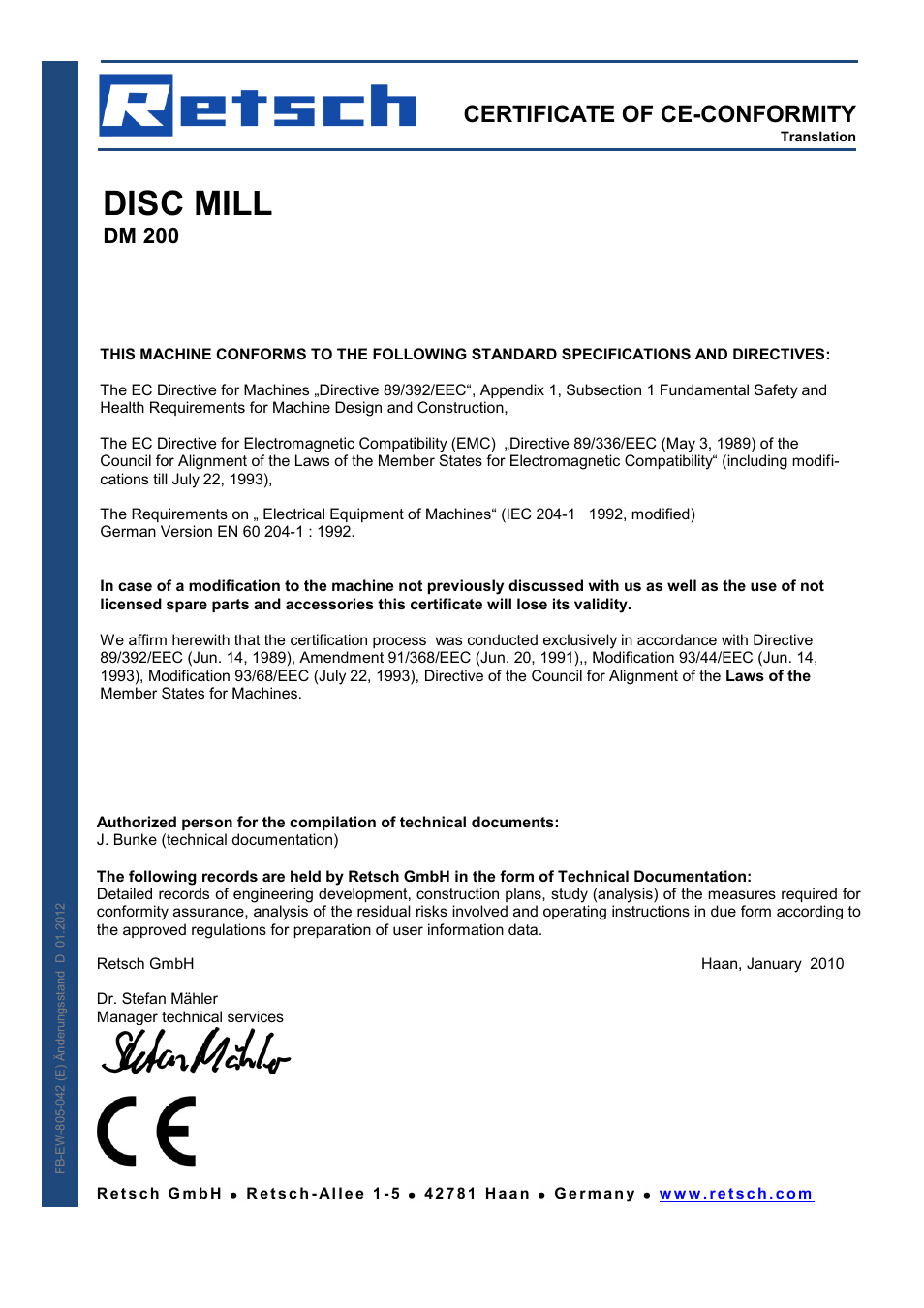 Disc mill, Certificate of ce-conformity, Dm 200 | Retsch DM 200 User Manual | Page 17 / 20