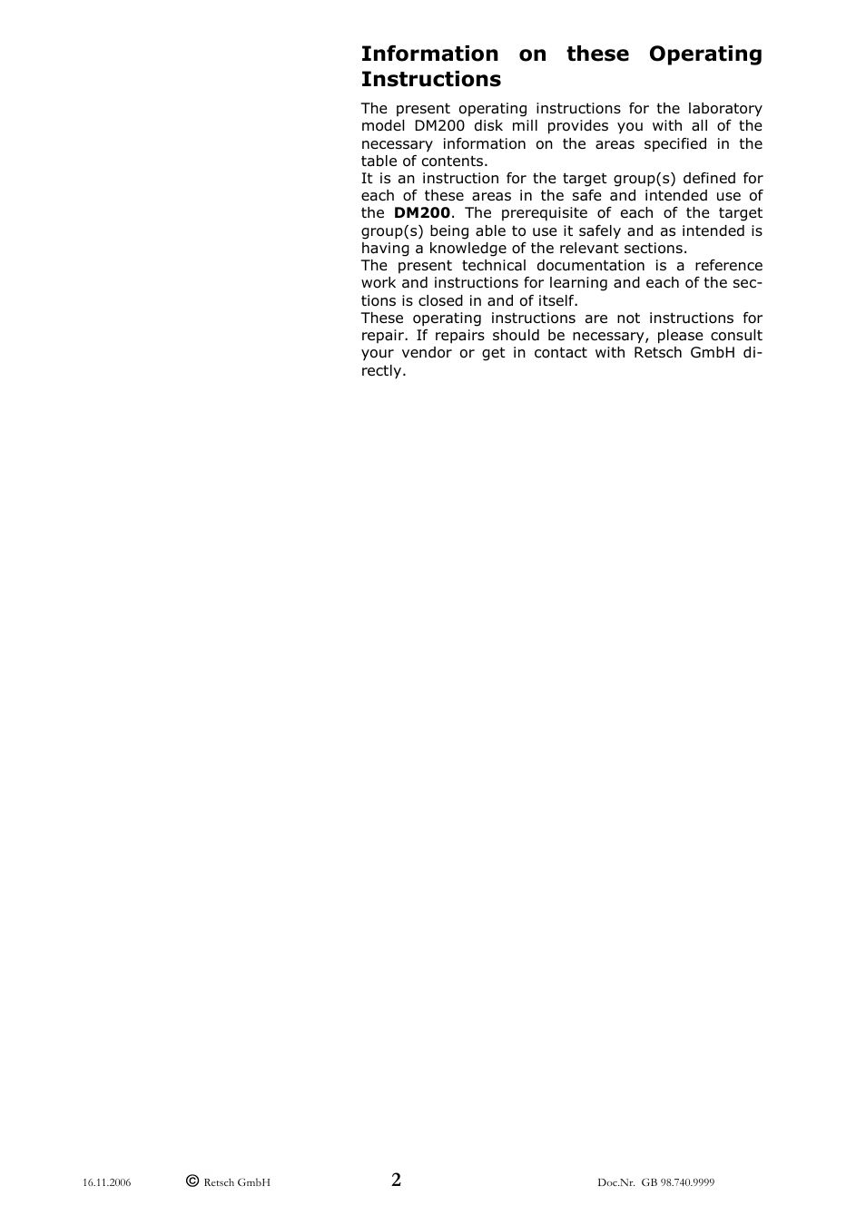 Information on these operating instructions | Retsch DM 200 User Manual | Page 2 / 20