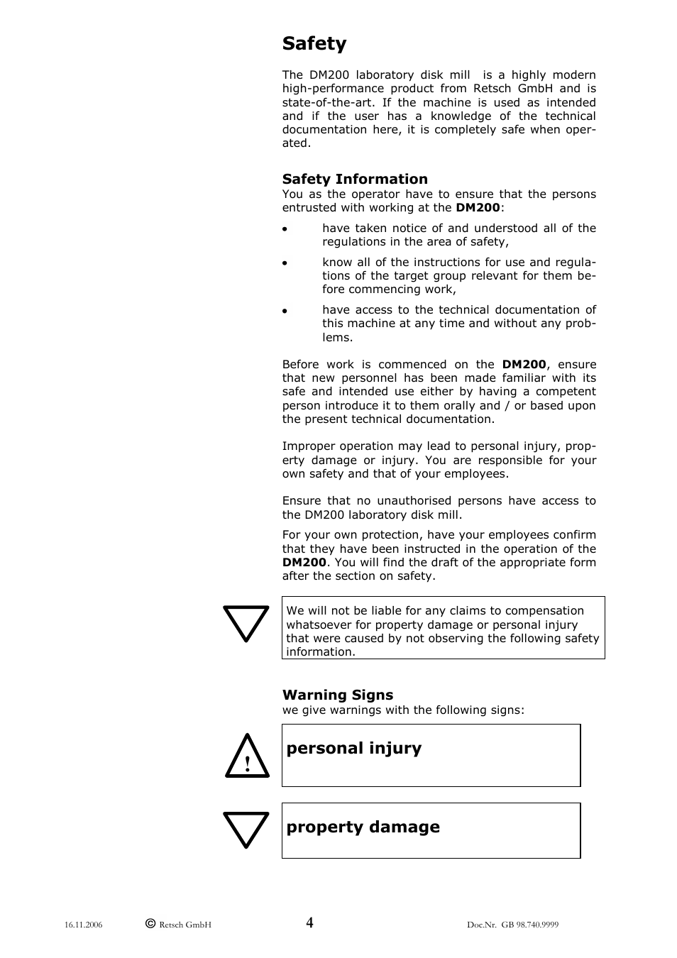 Safety, Personal injury, Property damage | Retsch DM 200 User Manual | Page 4 / 20