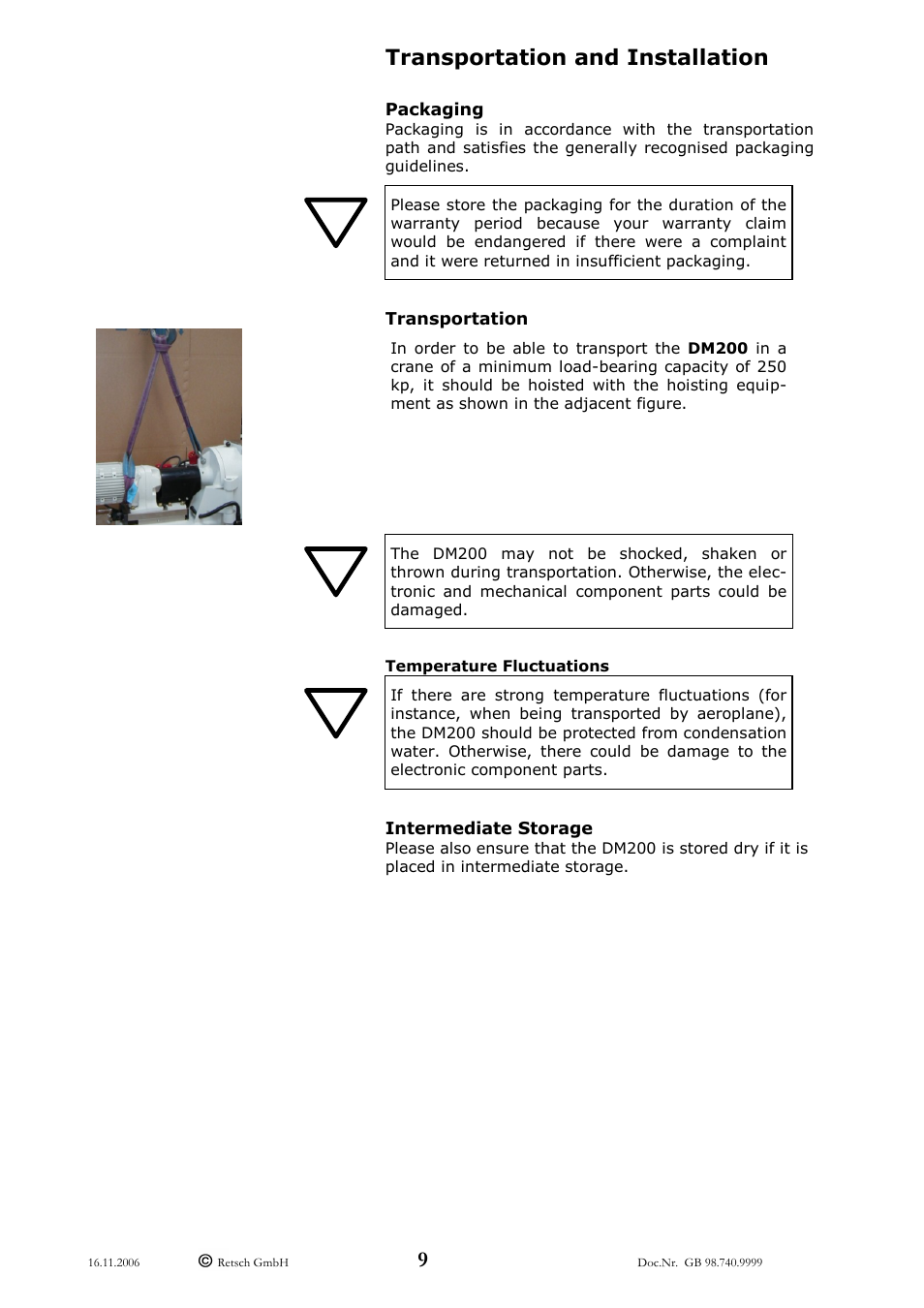 Transportation and installation | Retsch DM 200 User Manual | Page 9 / 20