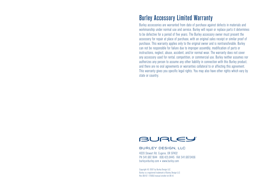Burley accessory limited warranty | Burley Stroller Kit User Manual | Page 6 / 6