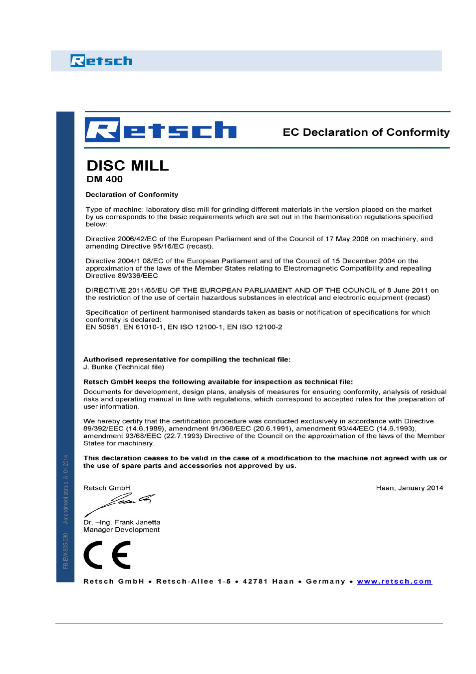 10 ec declaration of conformity, Ec declaration of conformity | Retsch DM 400 User Manual | Page 55 / 60