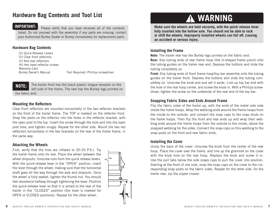 Warning, Hardware bag contents and tool list | Burley Tail Wagon User Manual | Page 4 / 9