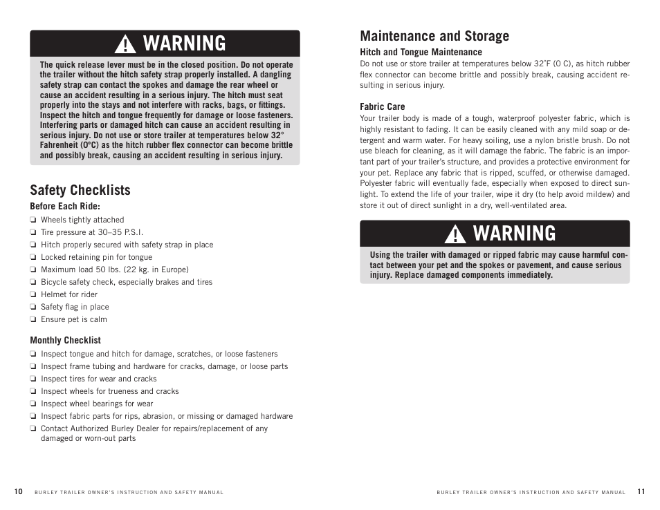 Warning, Safety checklists, Maintenance and storage | Burley Tail Wagon User Manual | Page 6 / 9