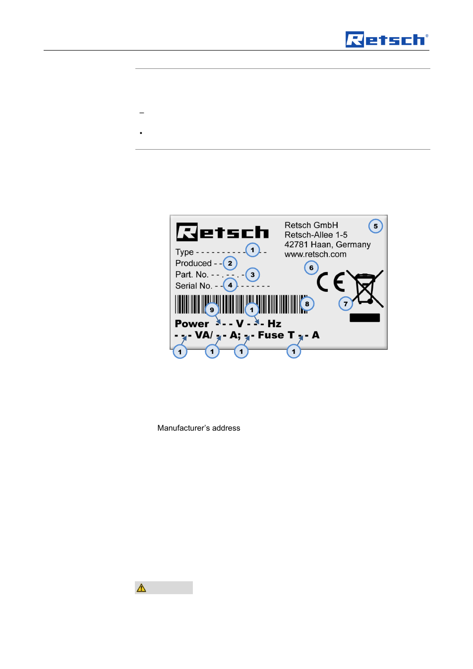 Transport, scope of delivery, installation, Notice, 5 installation of the machine | 6 type plate description, 7 electrical connection | Retsch Emax User Manual | Page 16 / 67