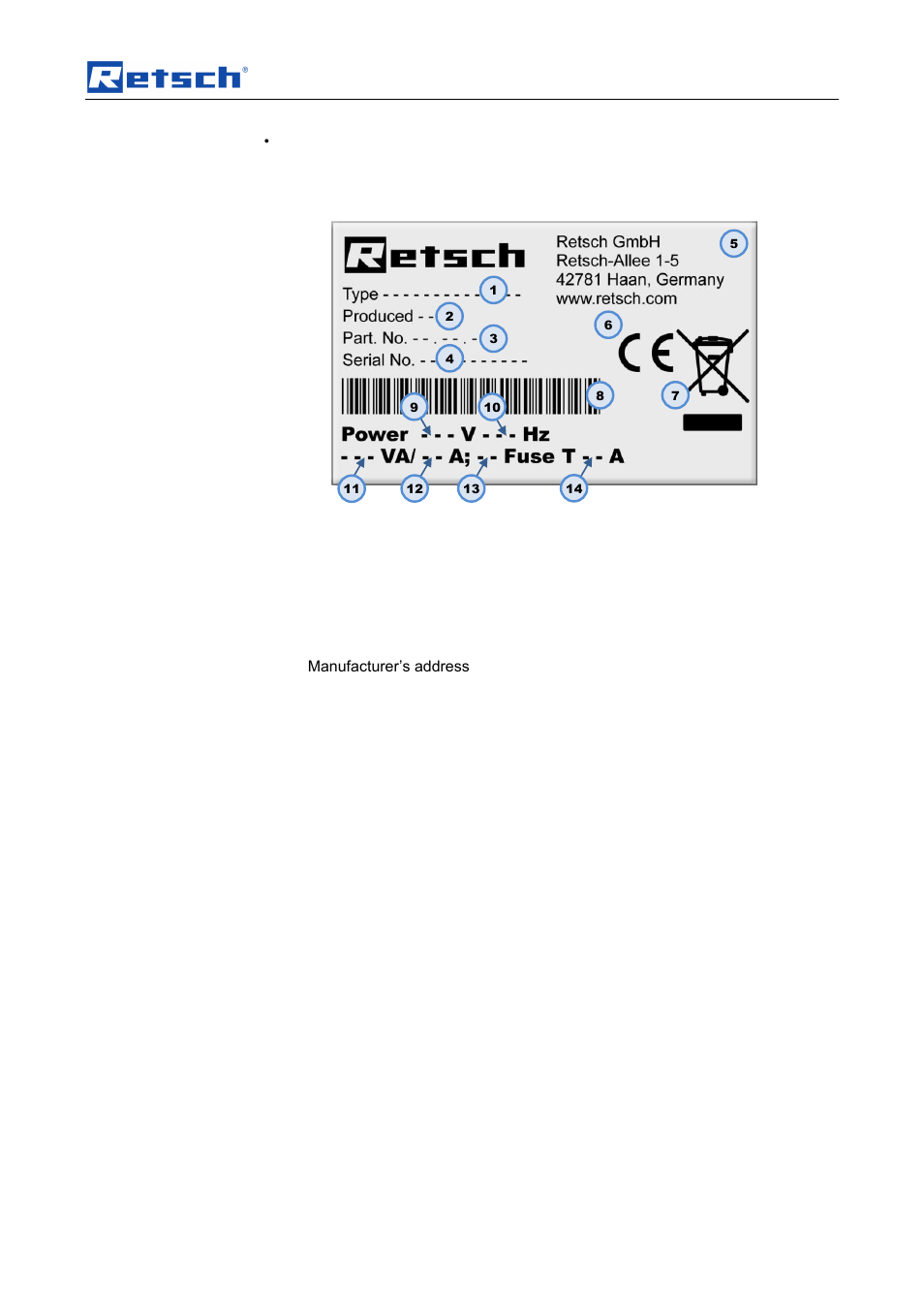 Transport, scope of delivery, installation, 7 type plate description | Retsch GM 200 User Manual | Page 11 / 44