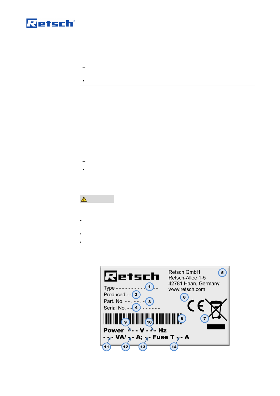 Transport, scope of delivery, installation, Notice, 5 removing the transport safeguard | 6 installation of the machine, 7 electrical connection, 8 type plate description | Retsch GM 300 User Manual | Page 11 / 44