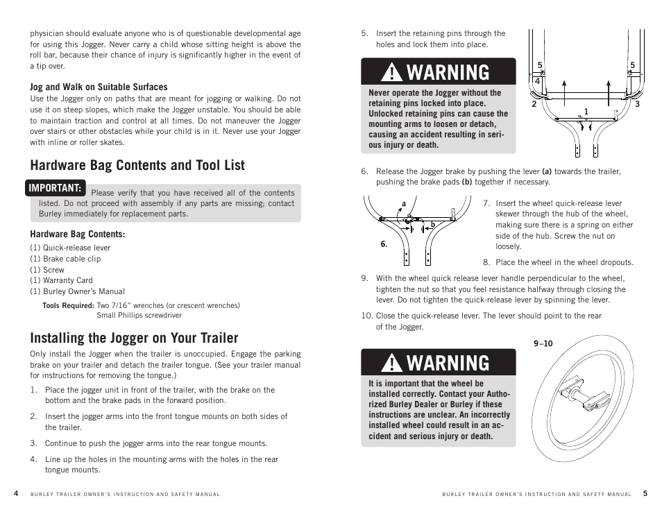 Warning, Hardware bag contents and tool list, Installing the jogger on your trailer | Burley LADY BUG User Manual | Page 3 / 5
