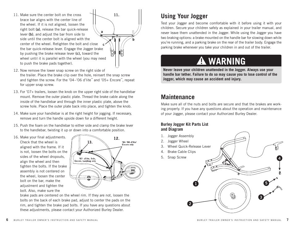 Warning, Using your jogger, Maintenance | Burley LADY BUG User Manual | Page 4 / 5
