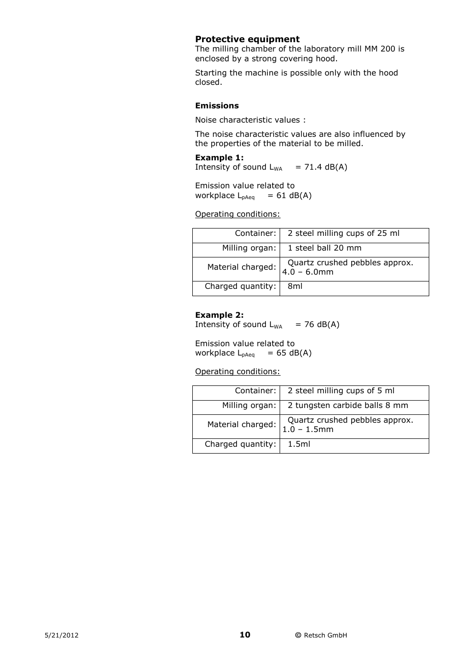 Protective equipment, Emissions | Retsch MM 200 User Manual | Page 10 / 32