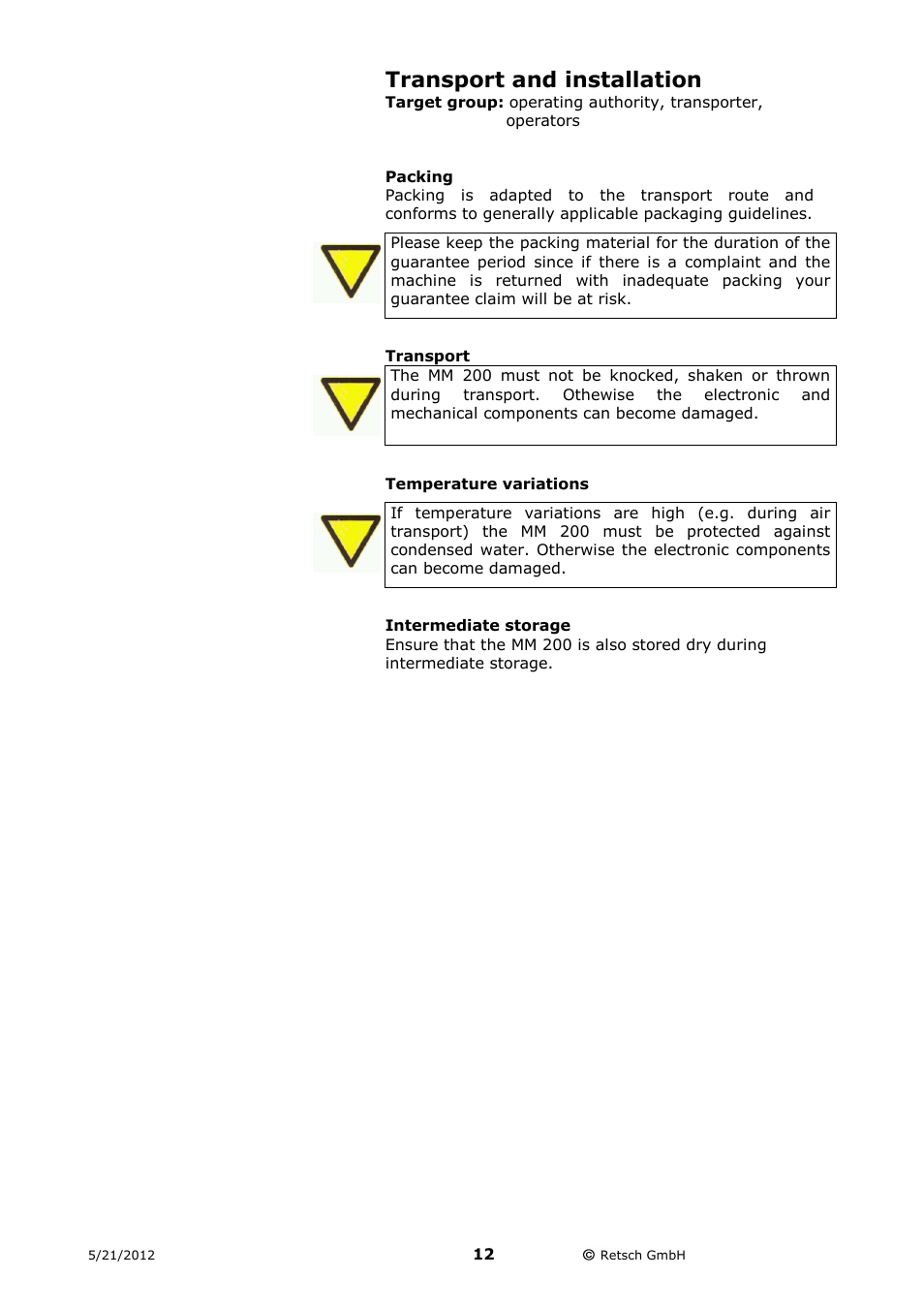 Transport and installation, Packing, Transport | Intermediate storage | Retsch MM 200 User Manual | Page 12 / 32