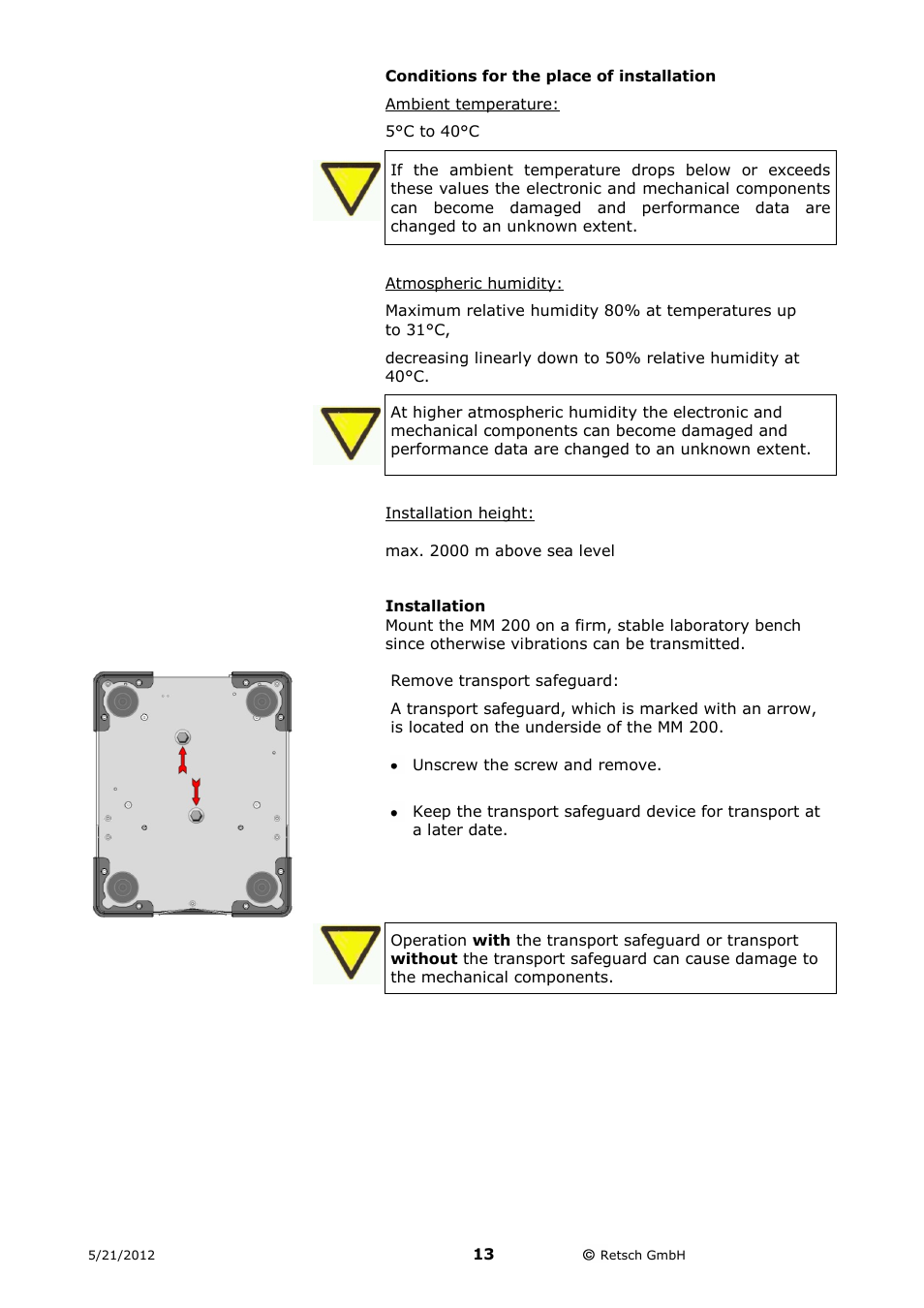 Conditions for the place of installation, Installation | Retsch MM 200 User Manual | Page 13 / 32