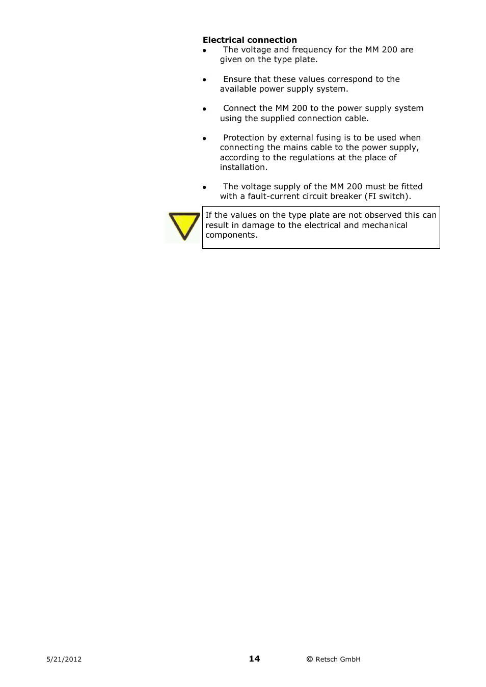 Electrical connection | Retsch MM 200 User Manual | Page 14 / 32