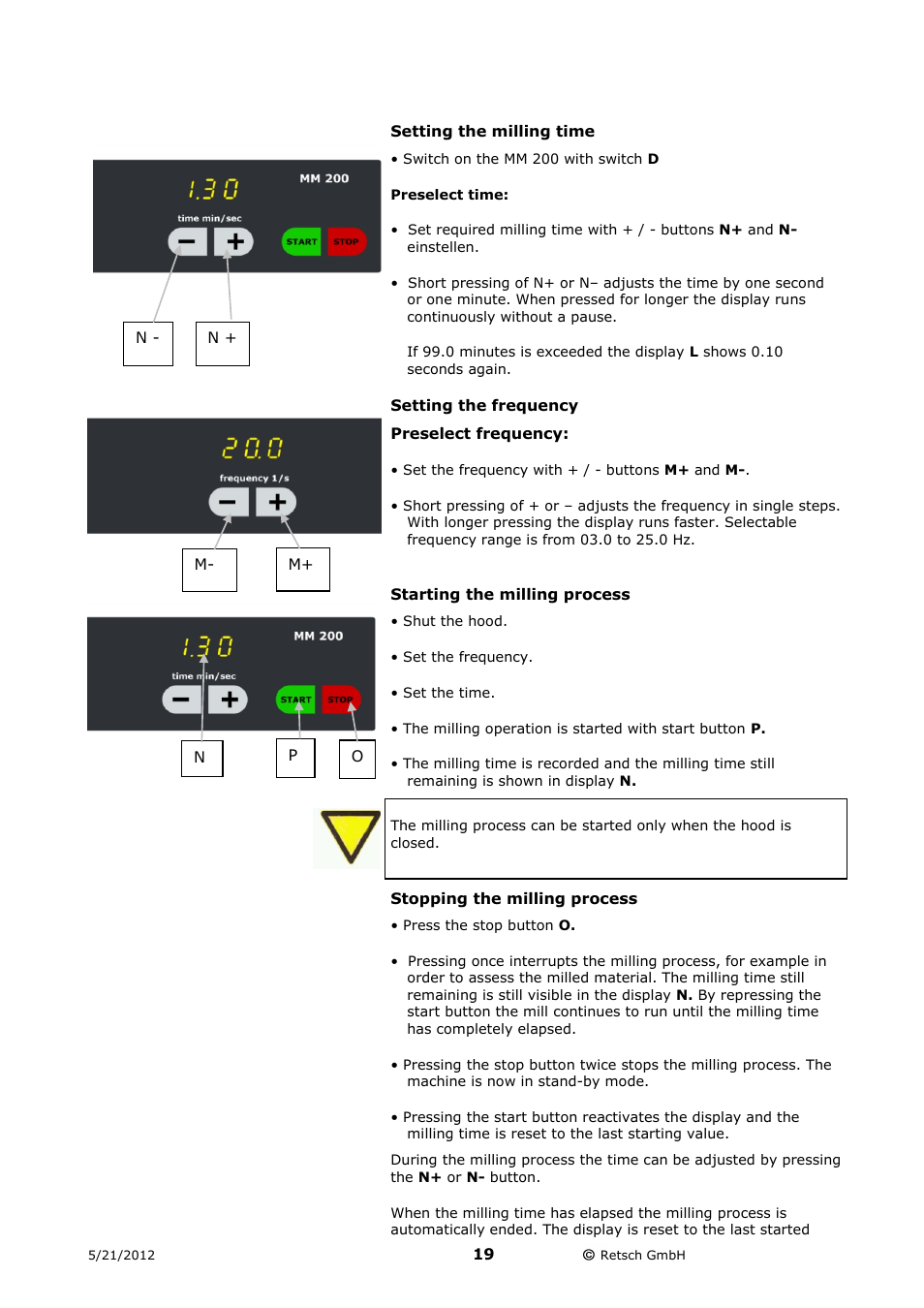 Setting the milling time, Setting the frequency, Starting the milling process | Stopping the milling process | Retsch MM 200 User Manual | Page 19 / 32