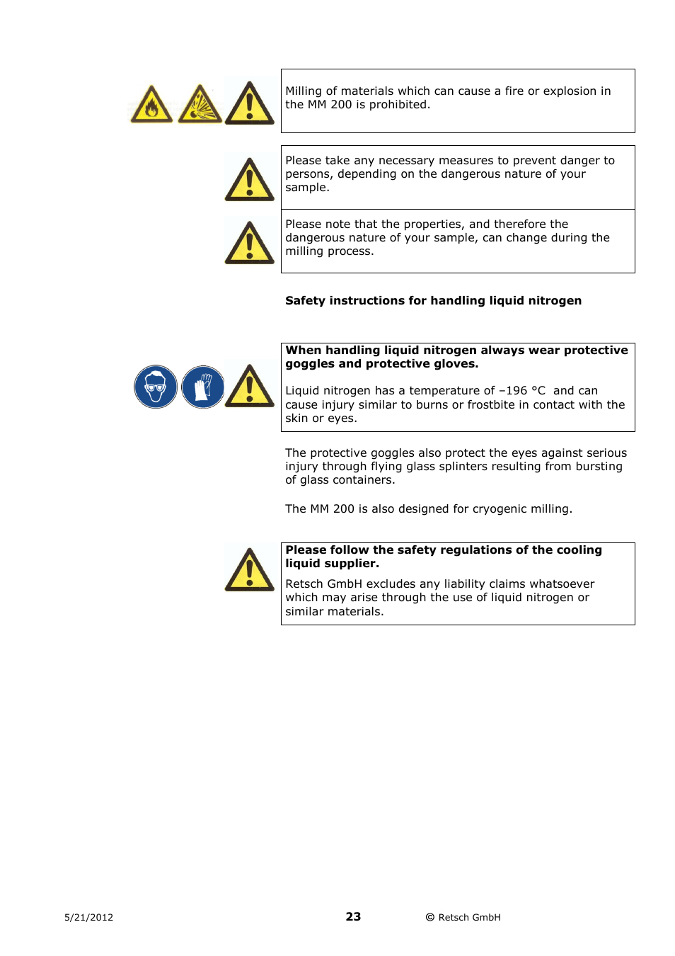 Safety instructions for handling liquid nitrogen | Retsch MM 200 User Manual | Page 23 / 32