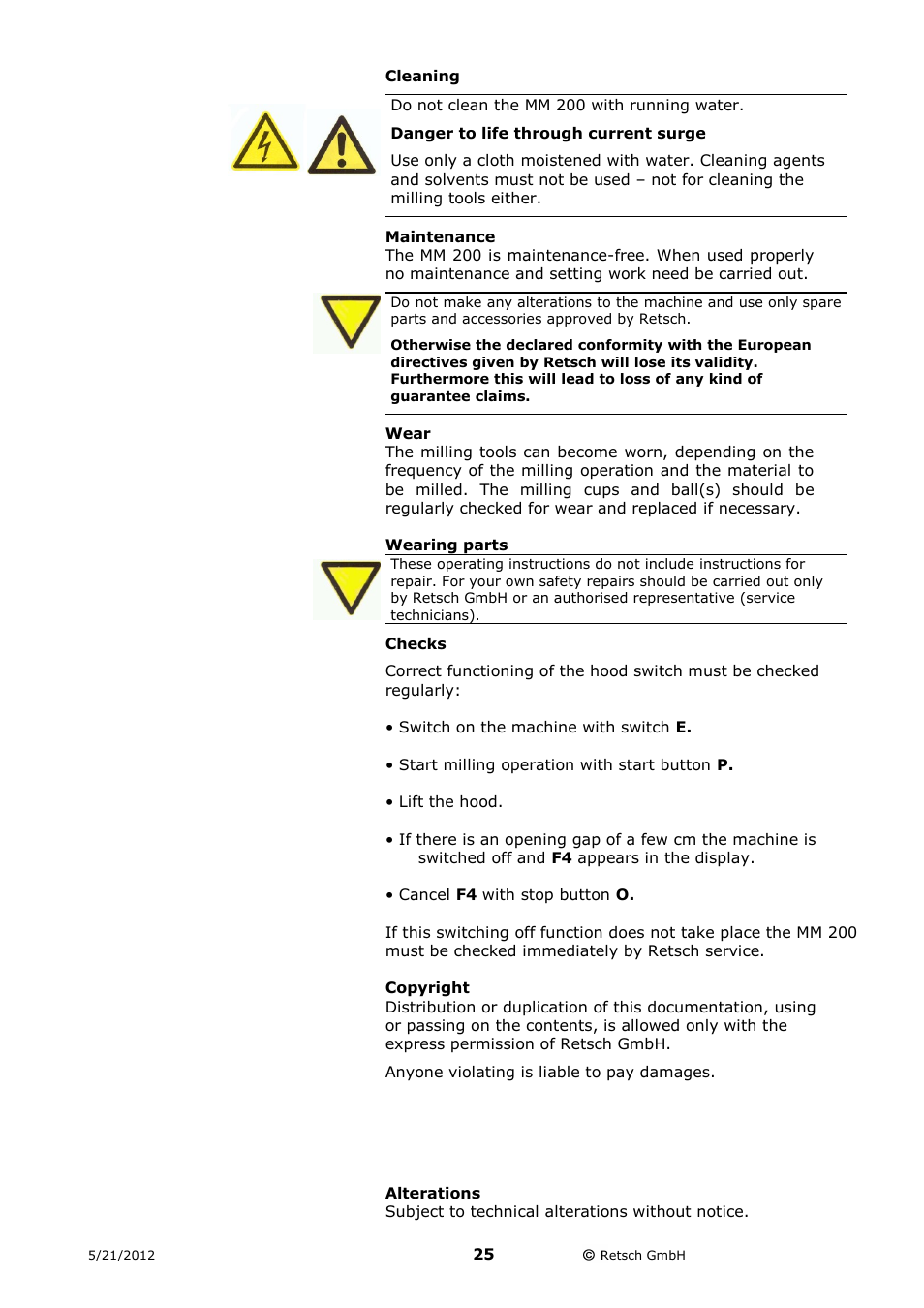 Cleaning, Maintenance, Wear | Wearing parts, Checks, Copyright, Alterations | Retsch MM 200 User Manual | Page 25 / 32