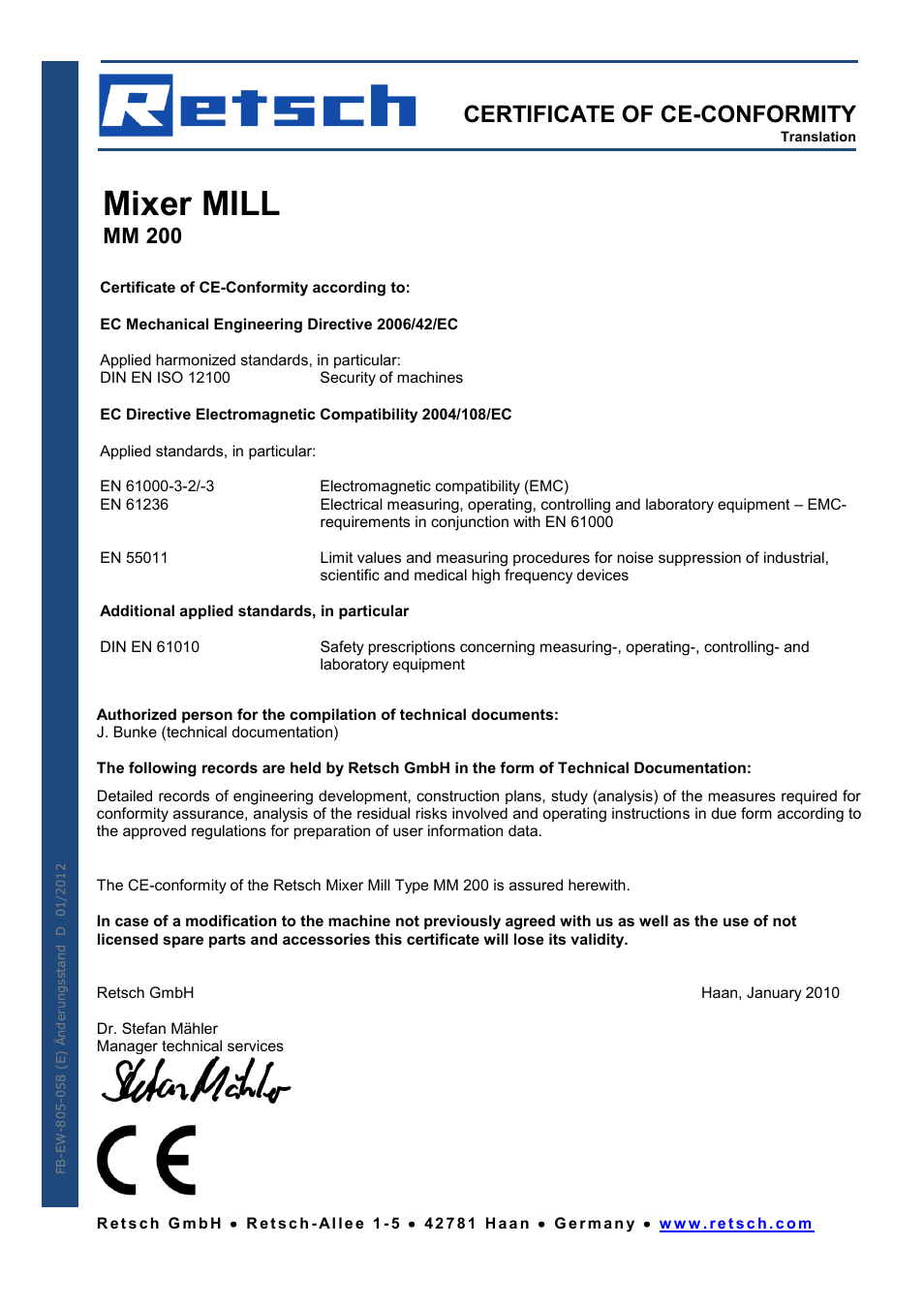 Mixer mill, Certificate of ce-conformity, Mm 200 | Retsch MM 200 User Manual | Page 29 / 32
