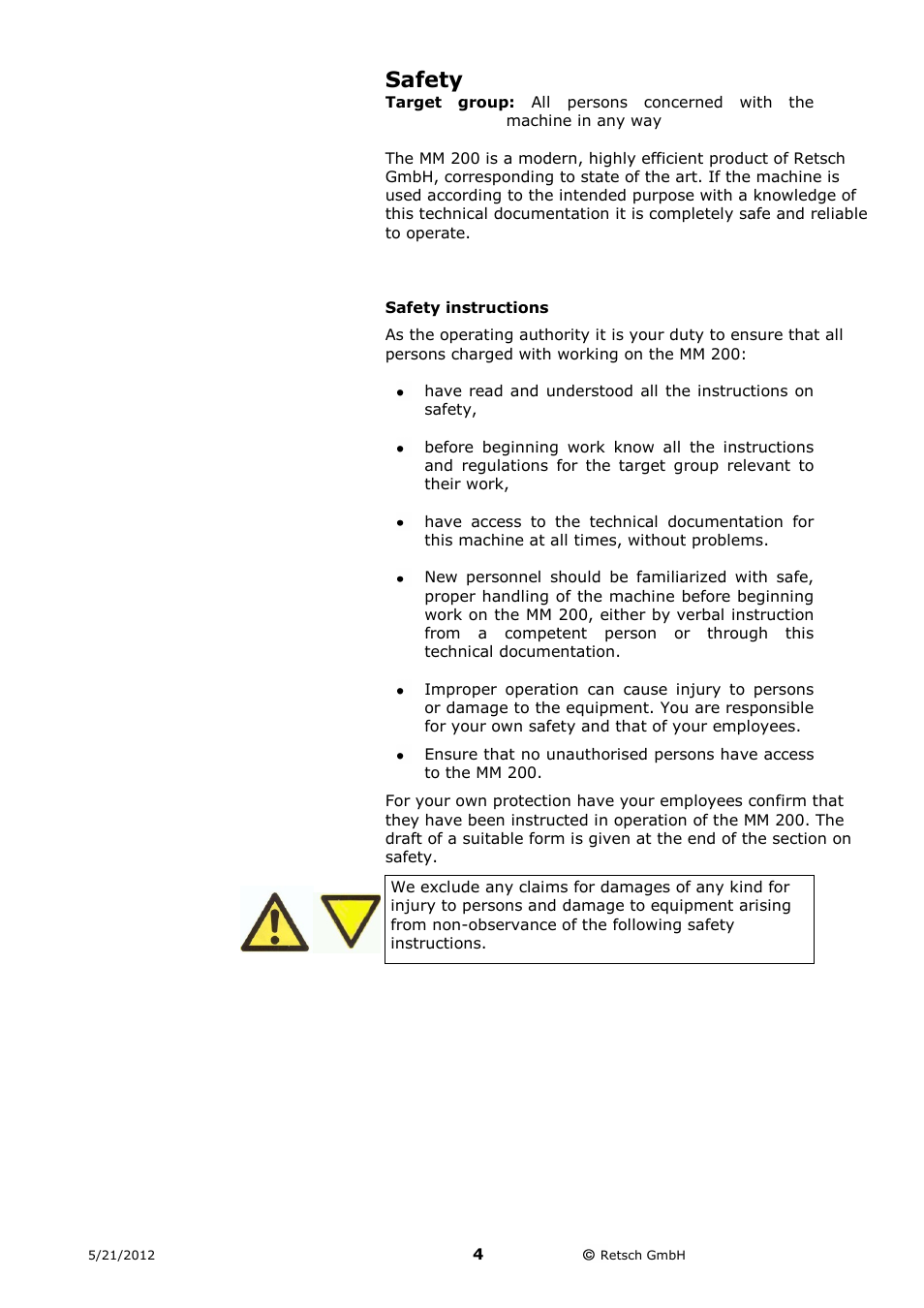 Safety, Safety instructions | Retsch MM 200 User Manual | Page 4 / 32