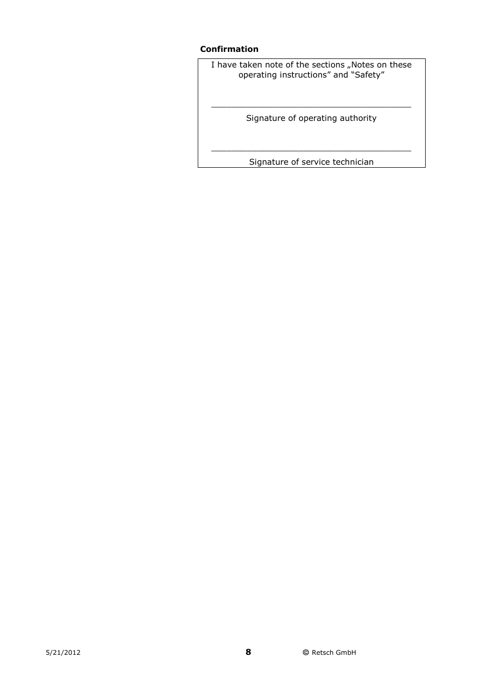 Confirmation | Retsch MM 200 User Manual | Page 8 / 32