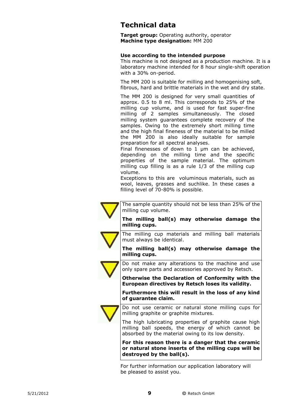 Technical data, Use according to the intended purpose | Retsch MM 200 User Manual | Page 9 / 32