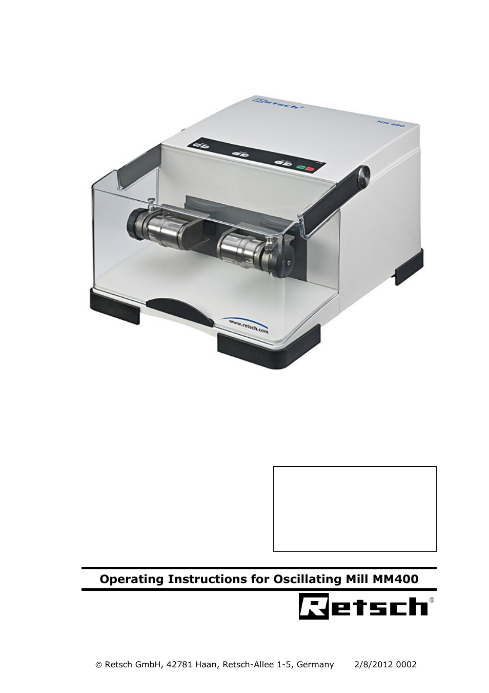 Retsch MM 400 User Manual | 32 pages