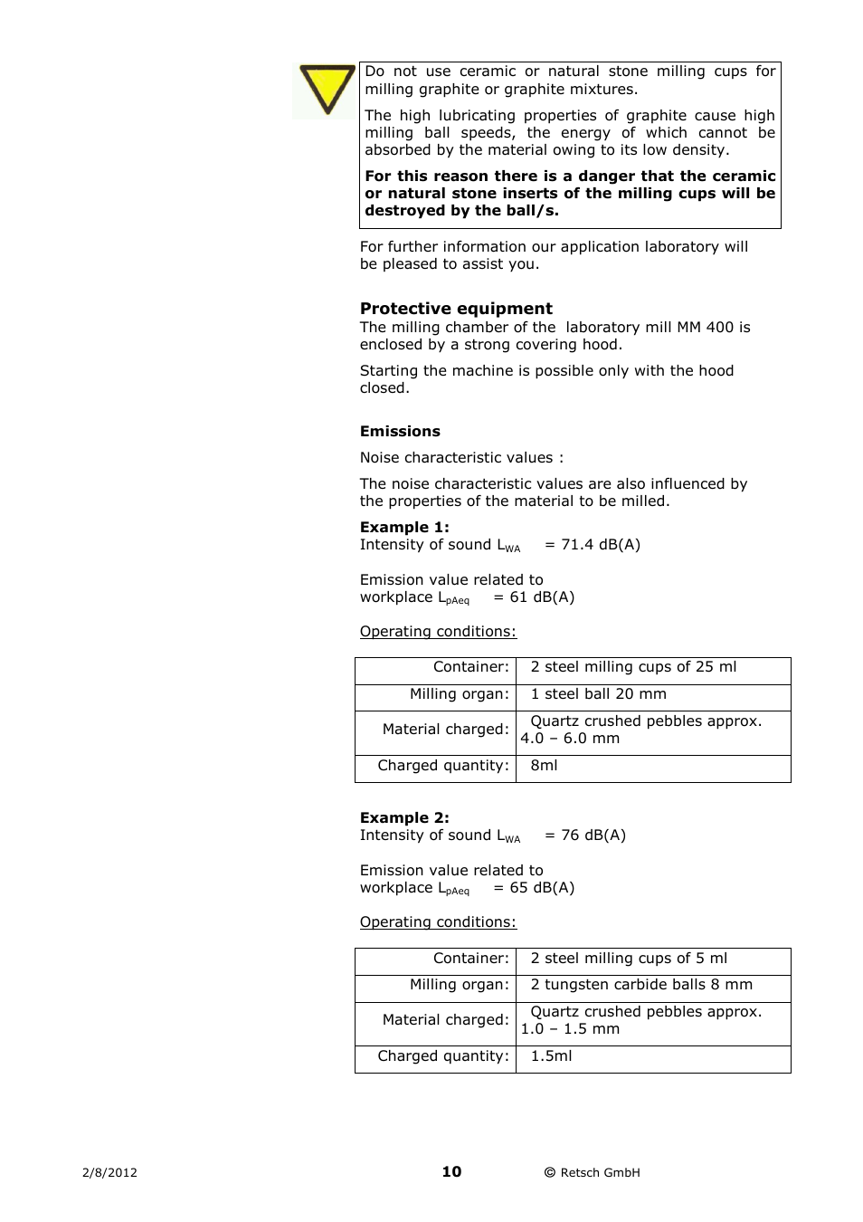 Protective equipment, Emissions | Retsch MM 400 User Manual | Page 10 / 32