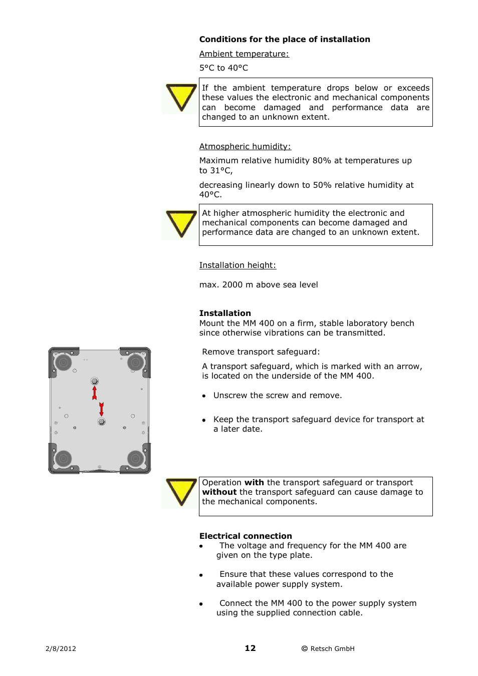 Conditions for the place of installation, Installation, Electrical connection | Retsch MM 400 User Manual | Page 12 / 32