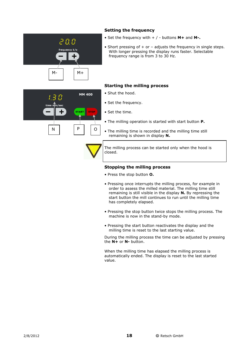 Setting the frequency, Starting the milling process, Stopping the milling process | Retsch MM 400 User Manual | Page 18 / 32