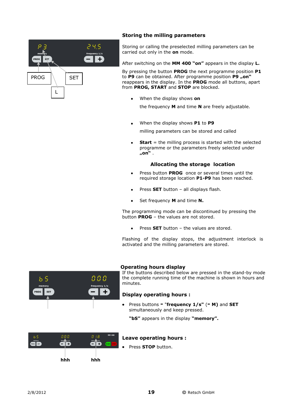 Storing the milling parameters, Operating hours display | Retsch MM 400 User Manual | Page 19 / 32