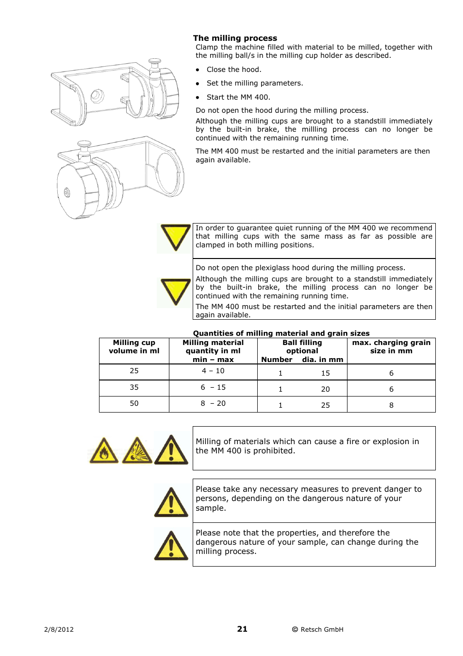 The milling process, Quantities of milling material and grain sizes | Retsch MM 400 User Manual | Page 21 / 32