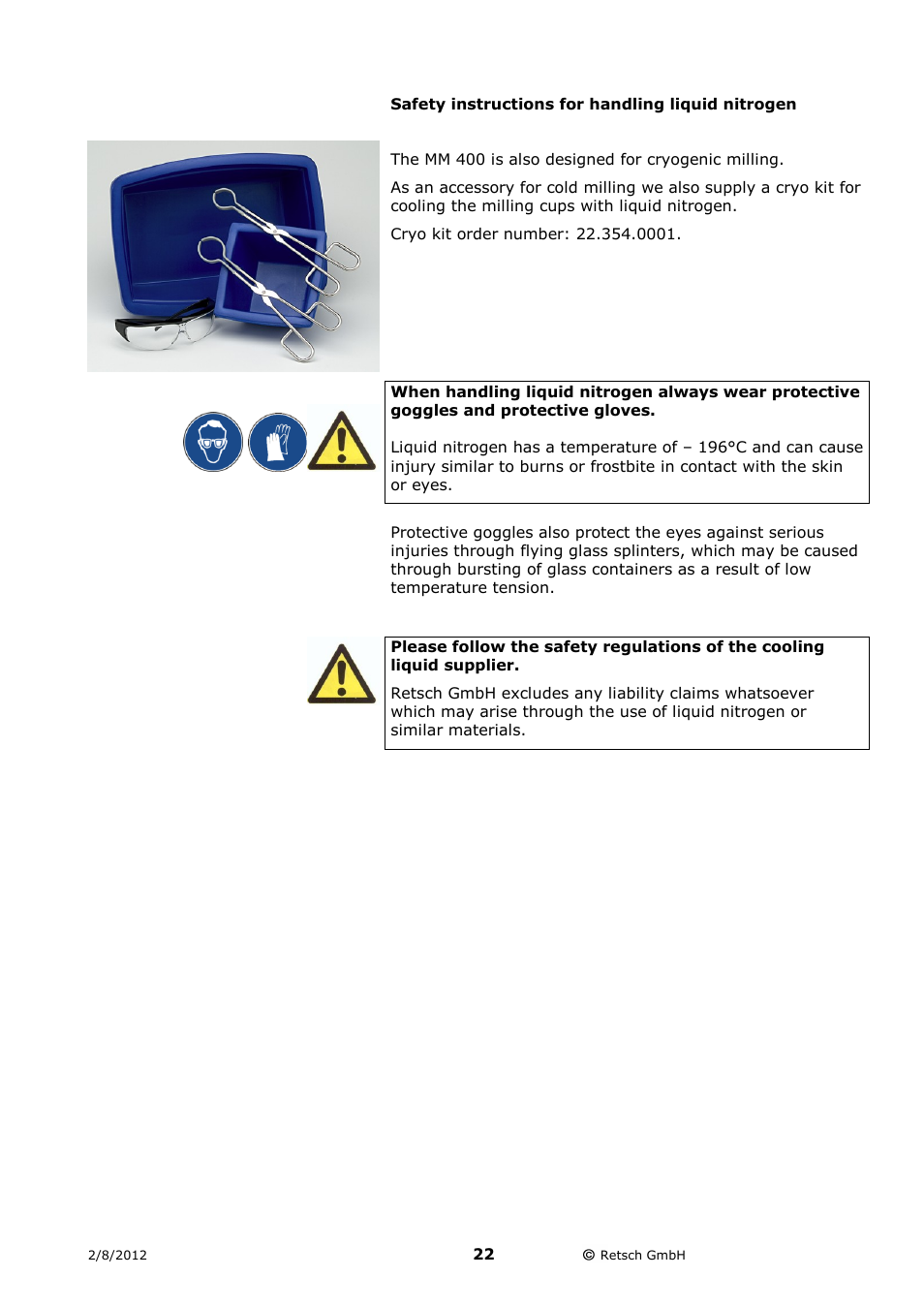 Safety instructions for handling liquid nitrogen | Retsch MM 400 User Manual | Page 22 / 32