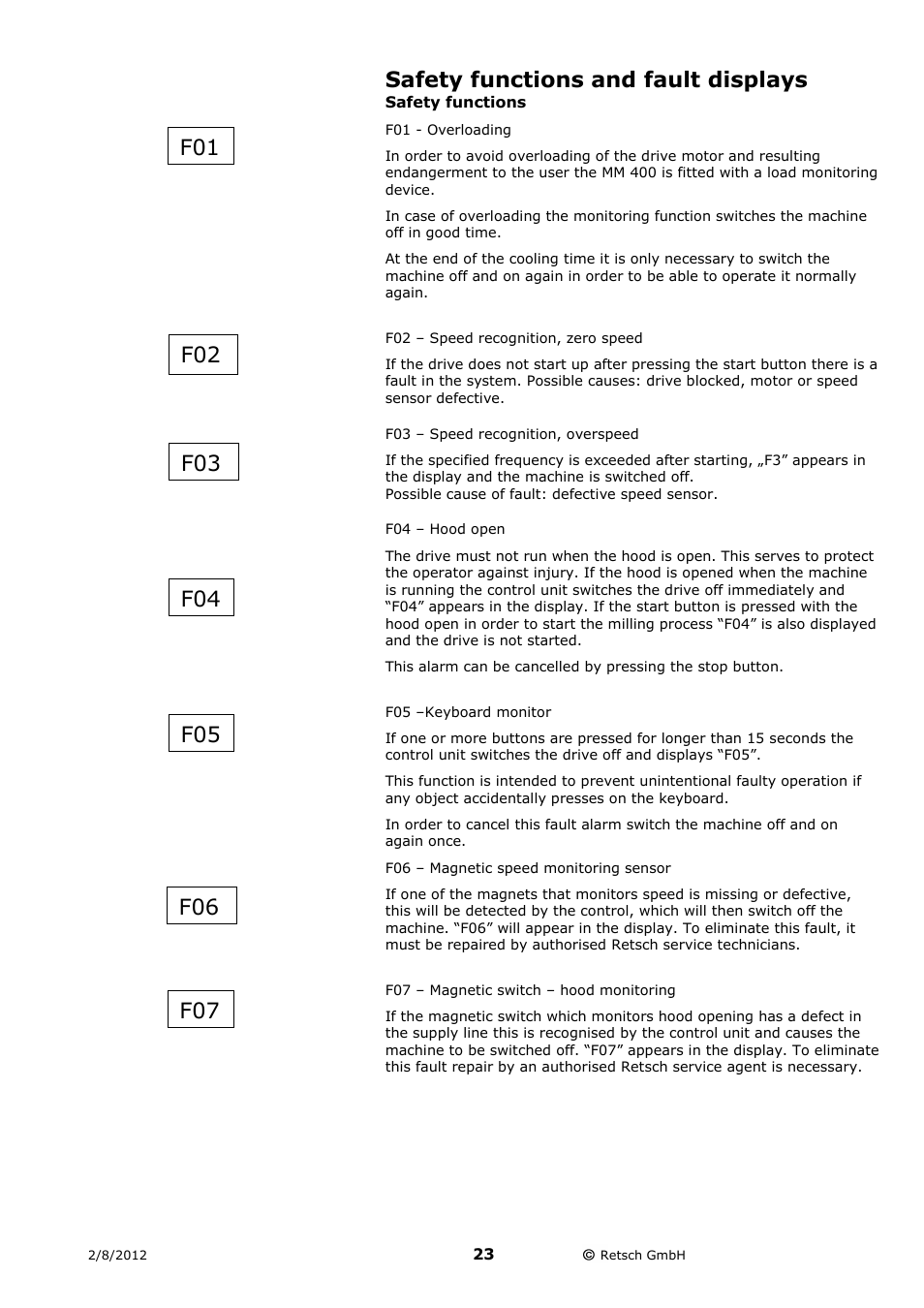 Safety functions and fault displays, Safety functions | Retsch MM 400 User Manual | Page 23 / 32