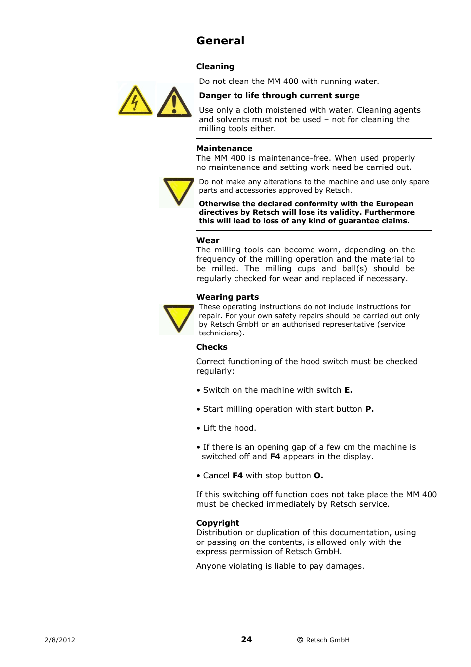 General, Cleaning, Maintenance | Wear, Wearing parts, Checks, Copyright | Retsch MM 400 User Manual | Page 24 / 32