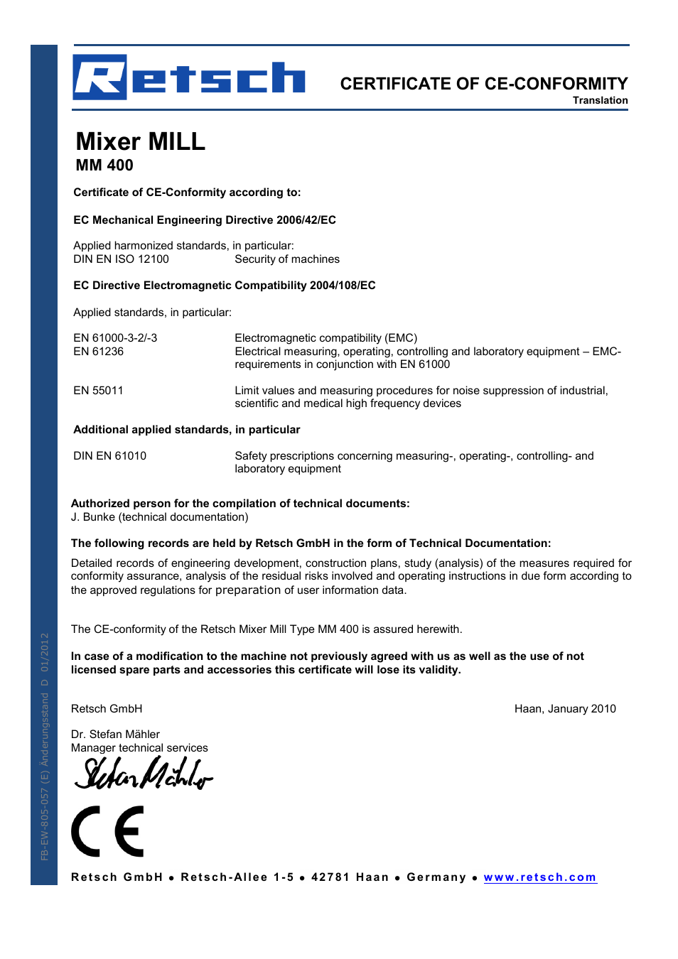 Mixer mill, Certificate of ce-conformity, Mm 400 | Retsch MM 400 User Manual | Page 29 / 32