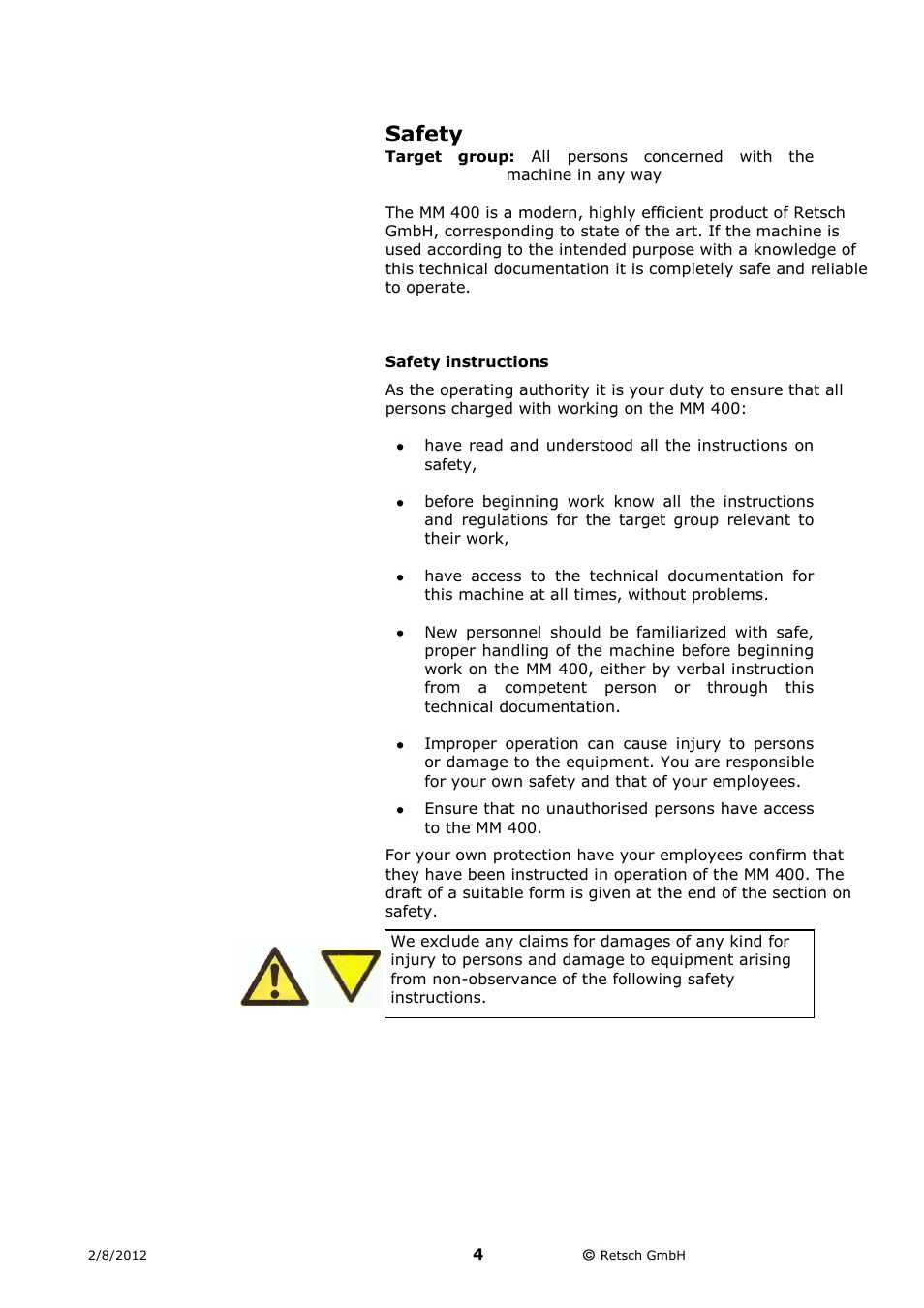 Safety, Safety instructions | Retsch MM 400 User Manual | Page 4 / 32