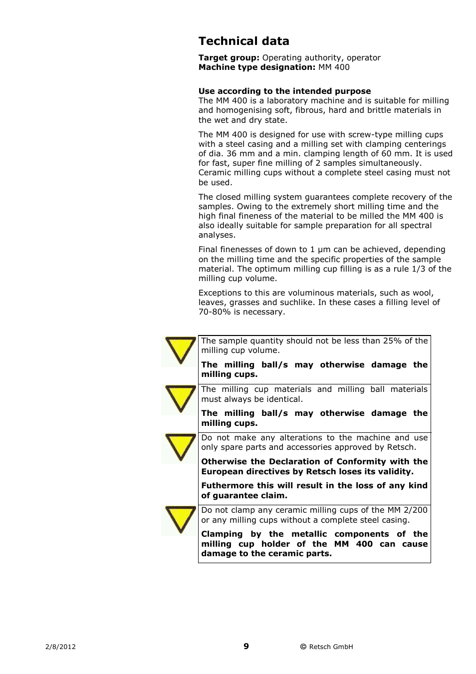 Technical data, Use according to the intended purpose | Retsch MM 400 User Manual | Page 9 / 32