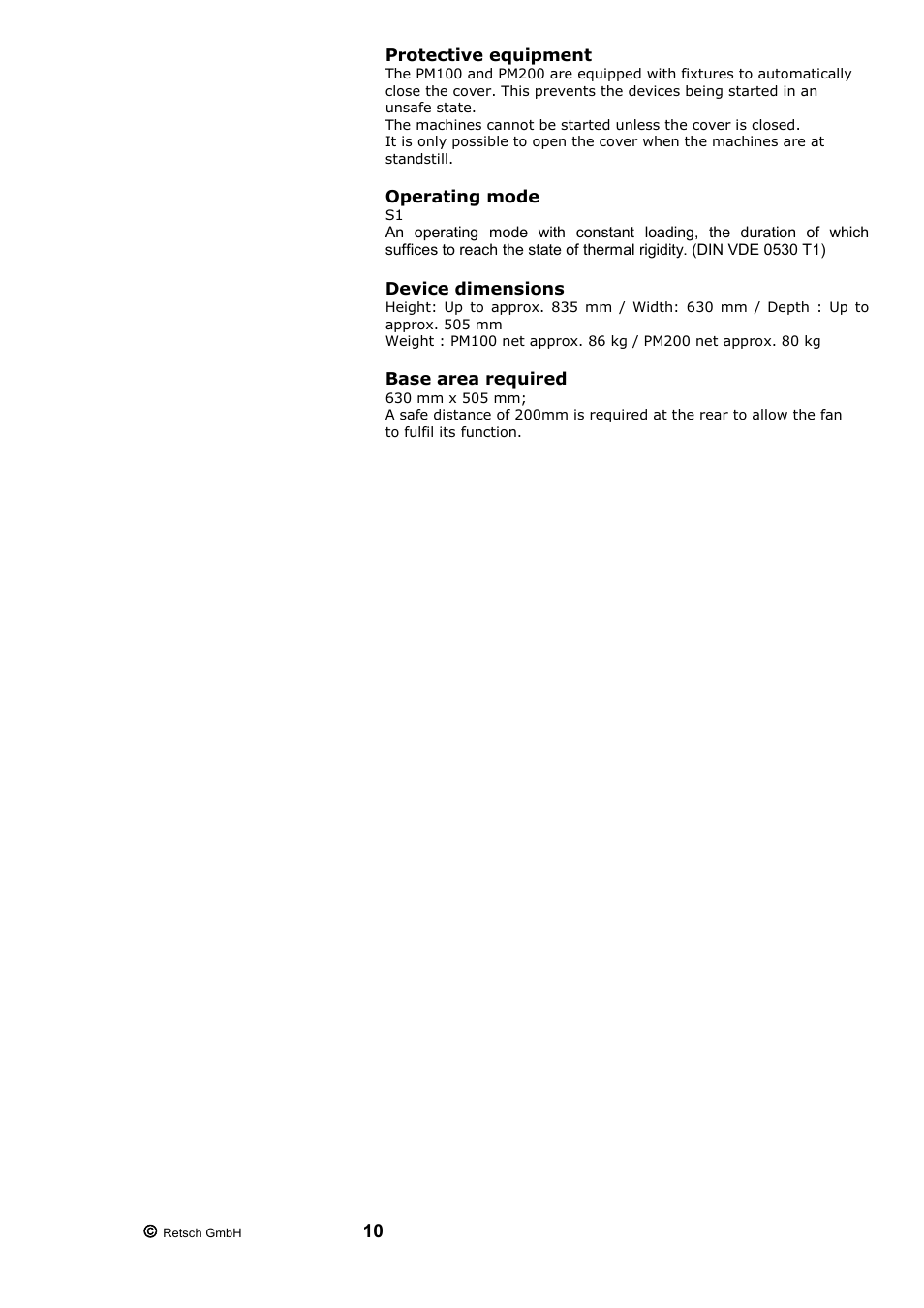 Protective equipment, Operating mode, Device dimensions | Base area required | Retsch PM 200 User Manual | Page 10 / 44